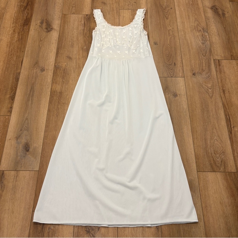 πVTGπ EMBROIDERED EMPIRE WAIST MAXI KNIT NIGHT GOWN WHITE / BLUE SZ M - Picture 1 of 6